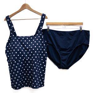 Lands' End Tankini Swim Set Women's 2X 20W 22W Blue Polka Dot Top & Bottom NWT